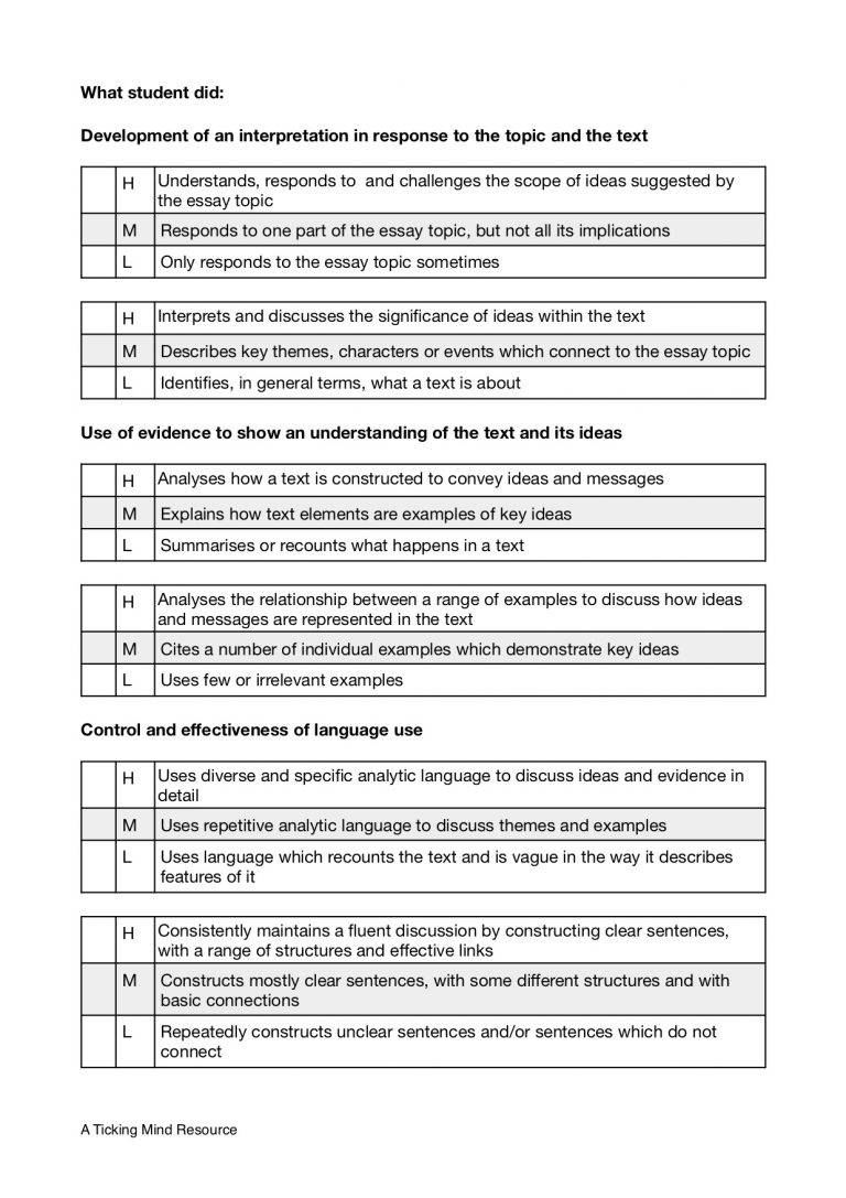 text response essay rubric